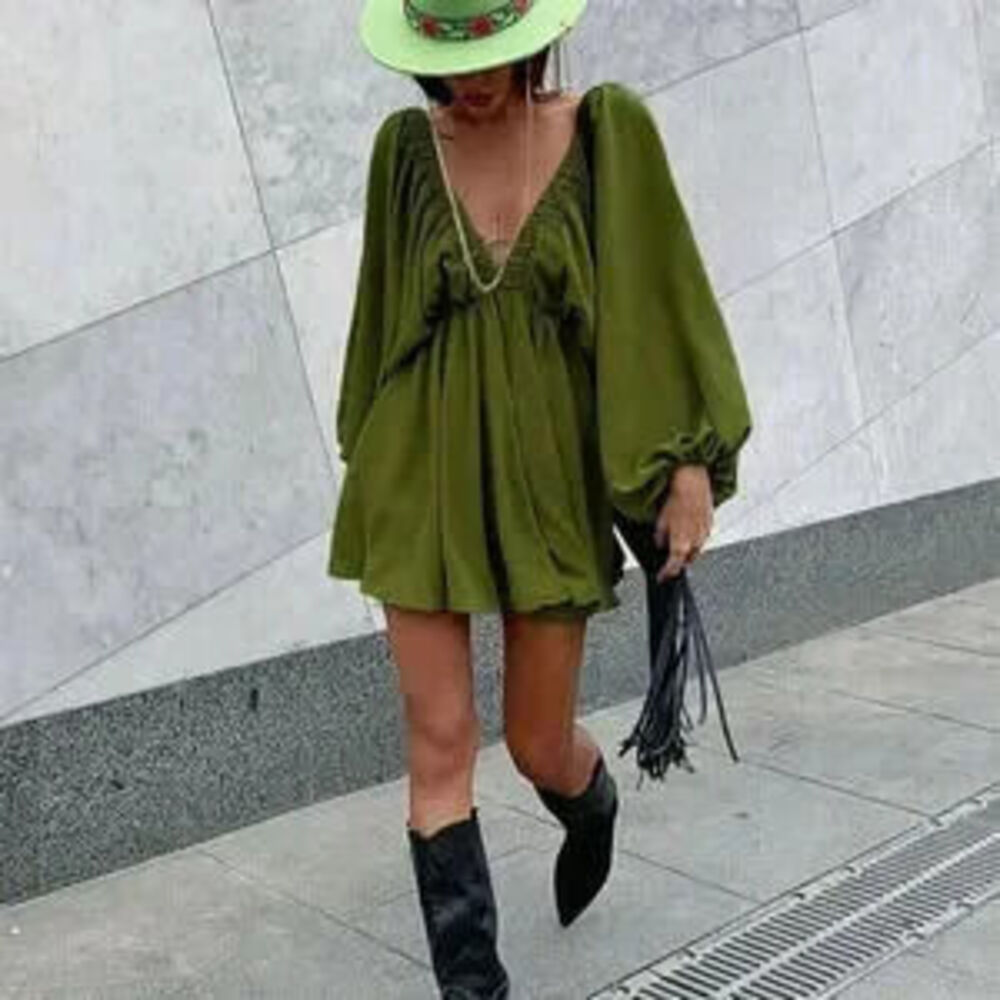 Army Green Sexy Women's V-Neck Solid Color Casual Summer Dress